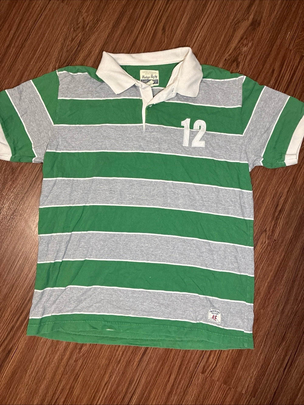 American Eagle Outfitters Green & Gray Striped Polo with White Collar